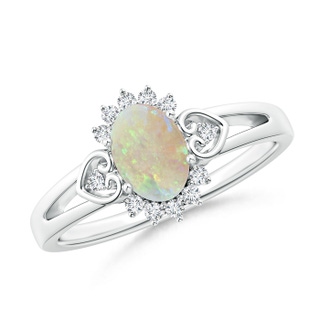 7x5mm AAA Vintage Inspired Oval Opal Halo Ring with Heart Motifs in White Gold