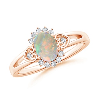 7x5mm AAAA Vintage Inspired Oval Opal Halo Ring with Heart Motifs in 9K Rose Gold