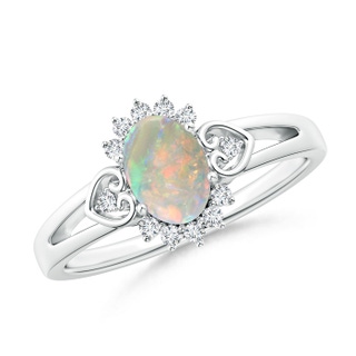 7x5mm AAAA Vintage Inspired Oval Opal Halo Ring with Heart Motifs in 9K White Gold