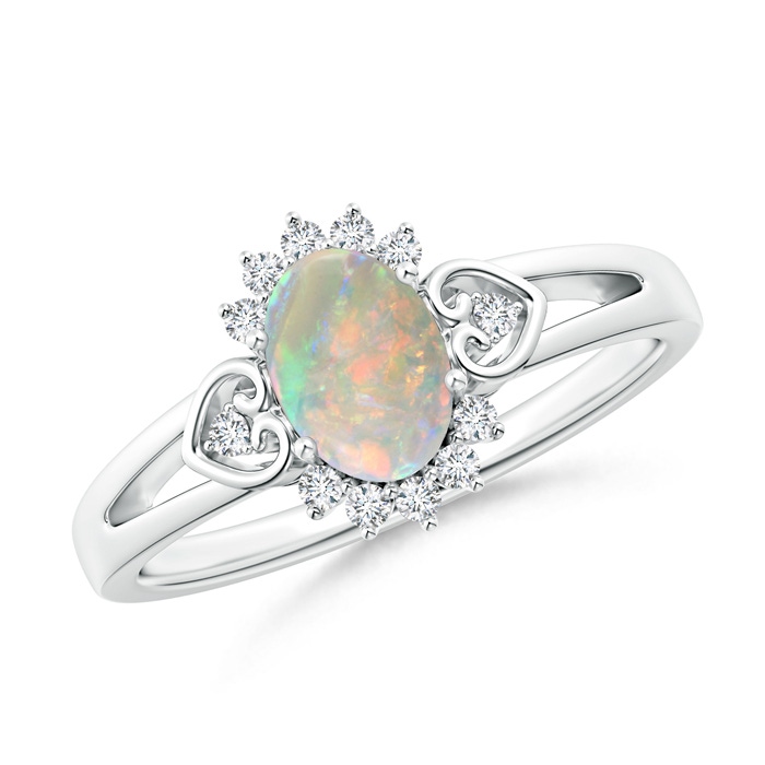 7x5mm AAAA Vintage Inspired Oval Opal Halo Ring with Heart Motifs in S999 Silver