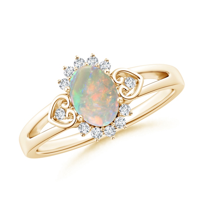 7x5mm AAAA Vintage Inspired Oval Opal Halo Ring with Heart Motifs in Yellow Gold 