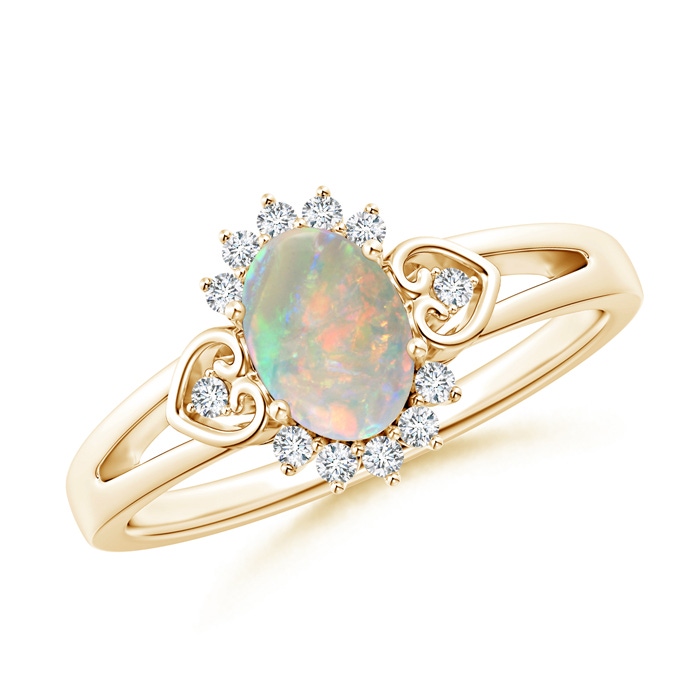 7x5mm AAAA Vintage Inspired Oval Opal Halo Ring with Heart Motifs in Yellow Gold