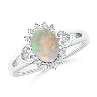 8x6mm AAAA Vintage Inspired Oval Opal Halo Ring with Heart Motifs in P950 Platinum