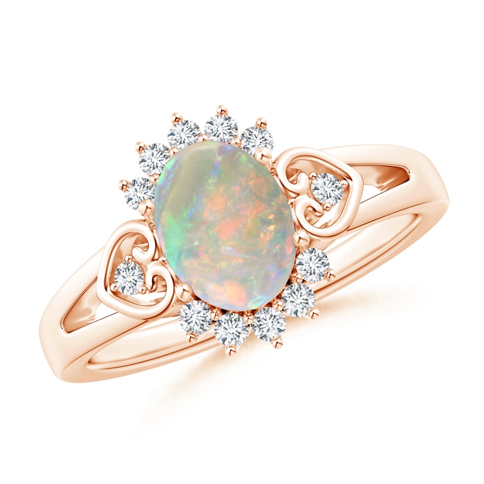 8x6mm AAAA Vintage Inspired Oval Opal Halo Ring with Heart Motifs in Rose Gold 