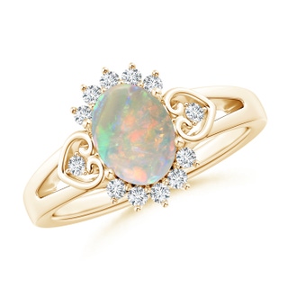 8x6mm AAAA Vintage Inspired Oval Opal Halo Ring with Heart Motifs in Yellow Gold