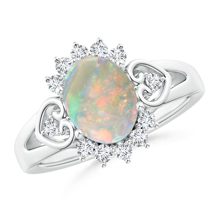 9x7mm AAAA Vintage Inspired Oval Opal Halo Ring with Heart Motifs in White Gold 