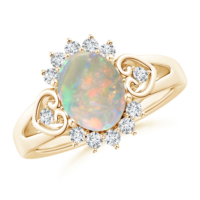 9x7mm AAAA Vintage Inspired Oval Opal Halo Ring with Heart Motifs in Yellow Gold