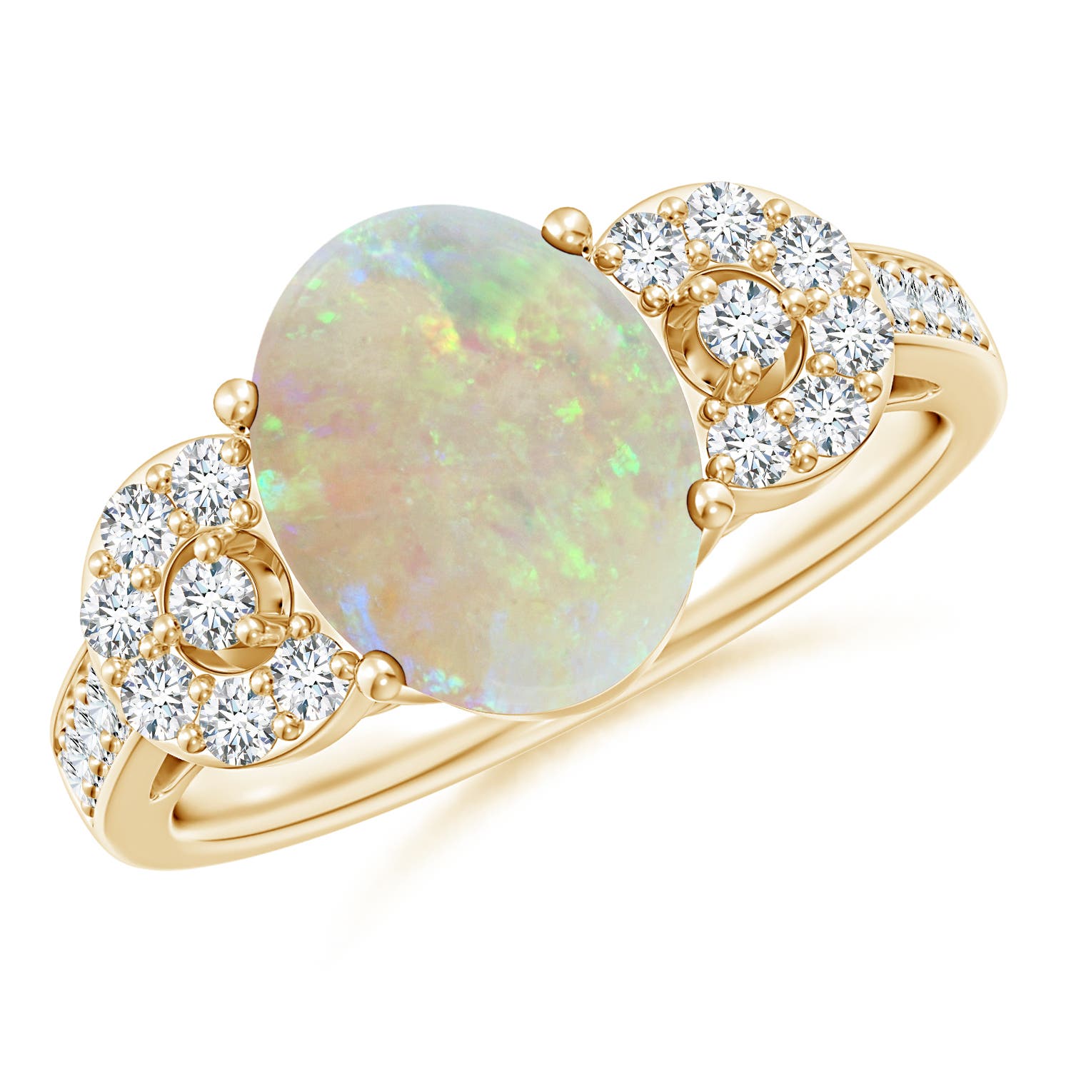 10x8mm AAA Solitaire Oval Opal Cathedral Ring with Diamond Accents in 18CT Yellow Gold