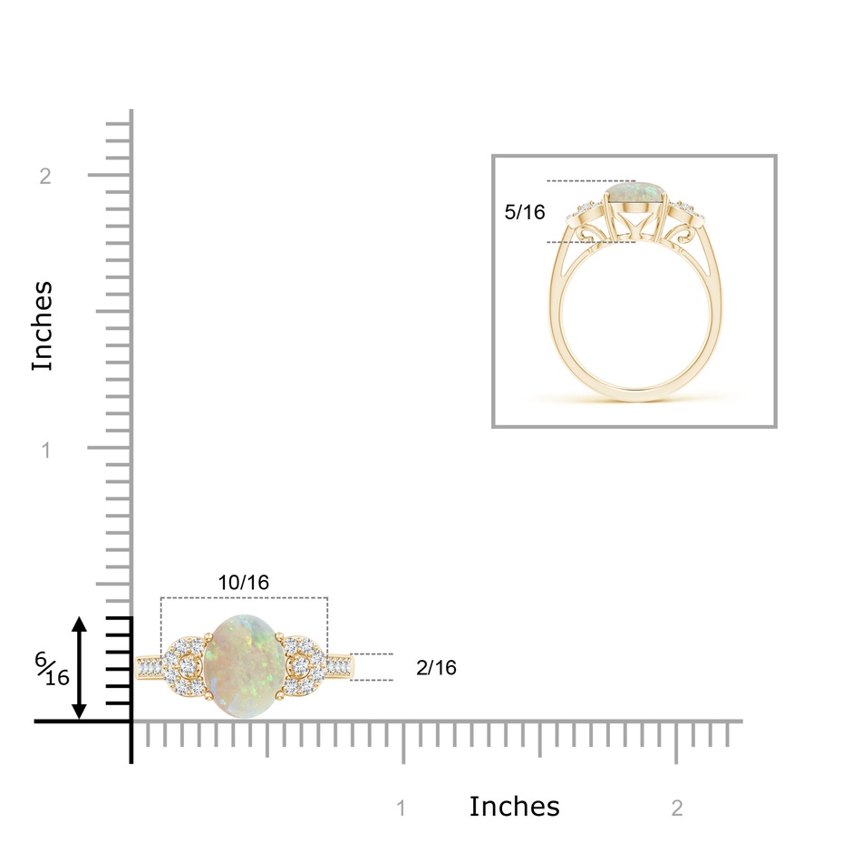 10x8mm AAA Solitaire Oval Opal Cathedral Ring with Diamond Accents in Yellow Gold ruler