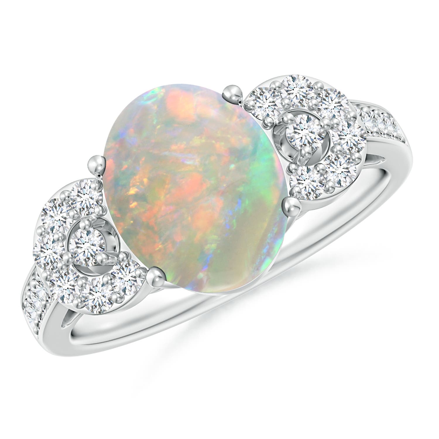 10x8mm AAAA Solitaire Oval Opal Cathedral Ring with Diamond Accents in 18K White Gold
