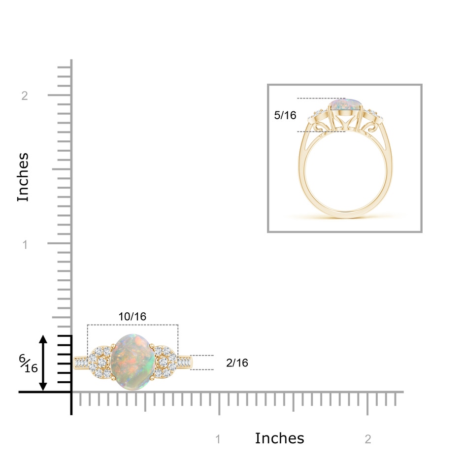 10x8mm AAAA Solitaire Oval Opal Cathedral Ring with Diamond Accents in 18K Yellow Gold ruler