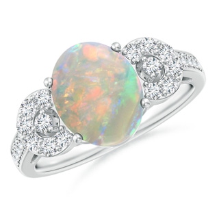 10x8mm AAAA Solitaire Oval Opal Cathedral Ring with Diamond Accents in 9K White Gold