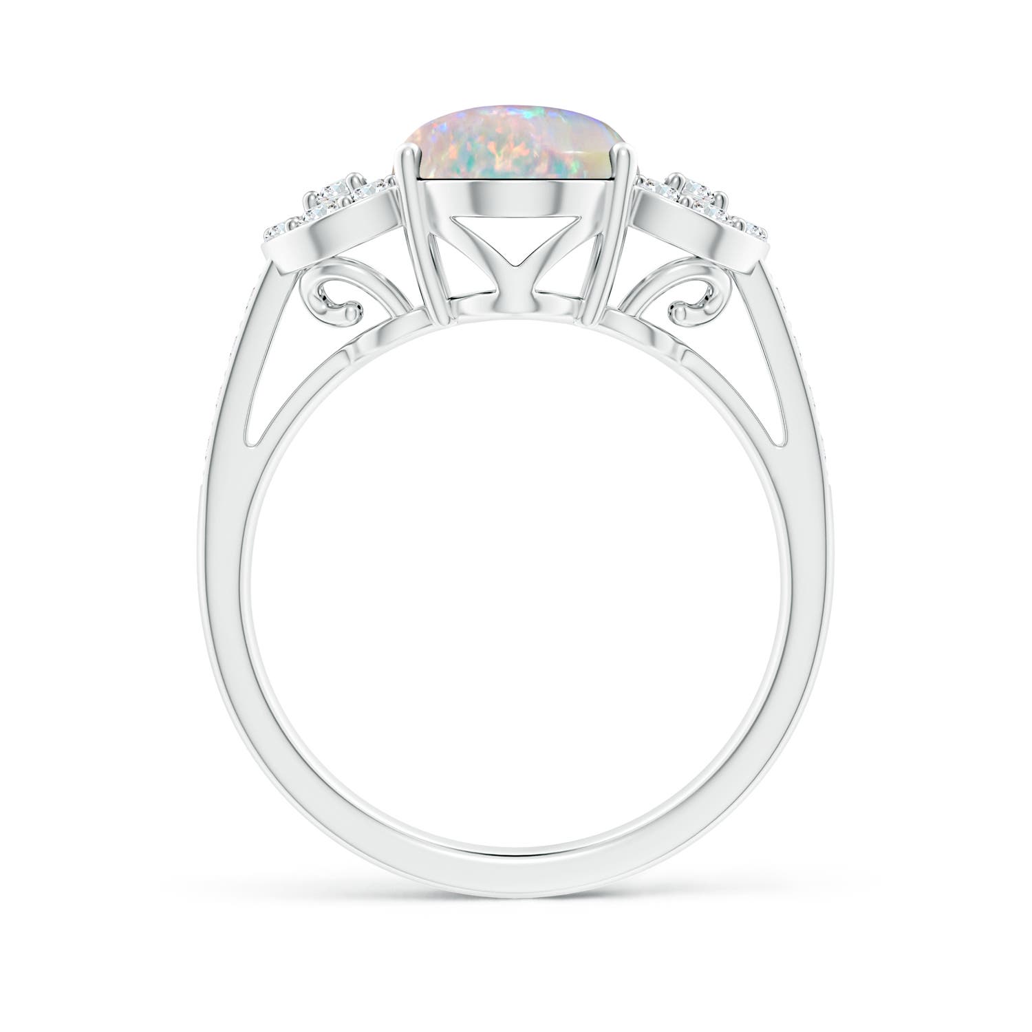 10x8mm AAAA Solitaire Oval Opal Cathedral Ring with Diamond Accents in White Gold - side 1