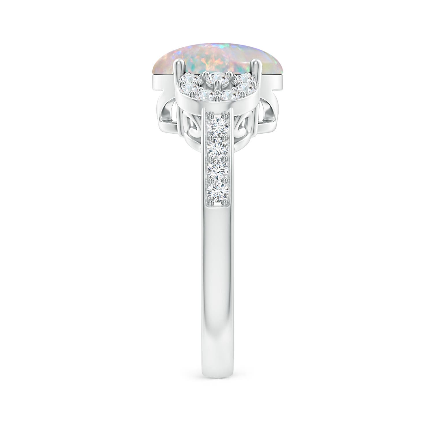 10x8mm AAAA Solitaire Oval Opal Cathedral Ring with Diamond Accents in White Gold - side 2