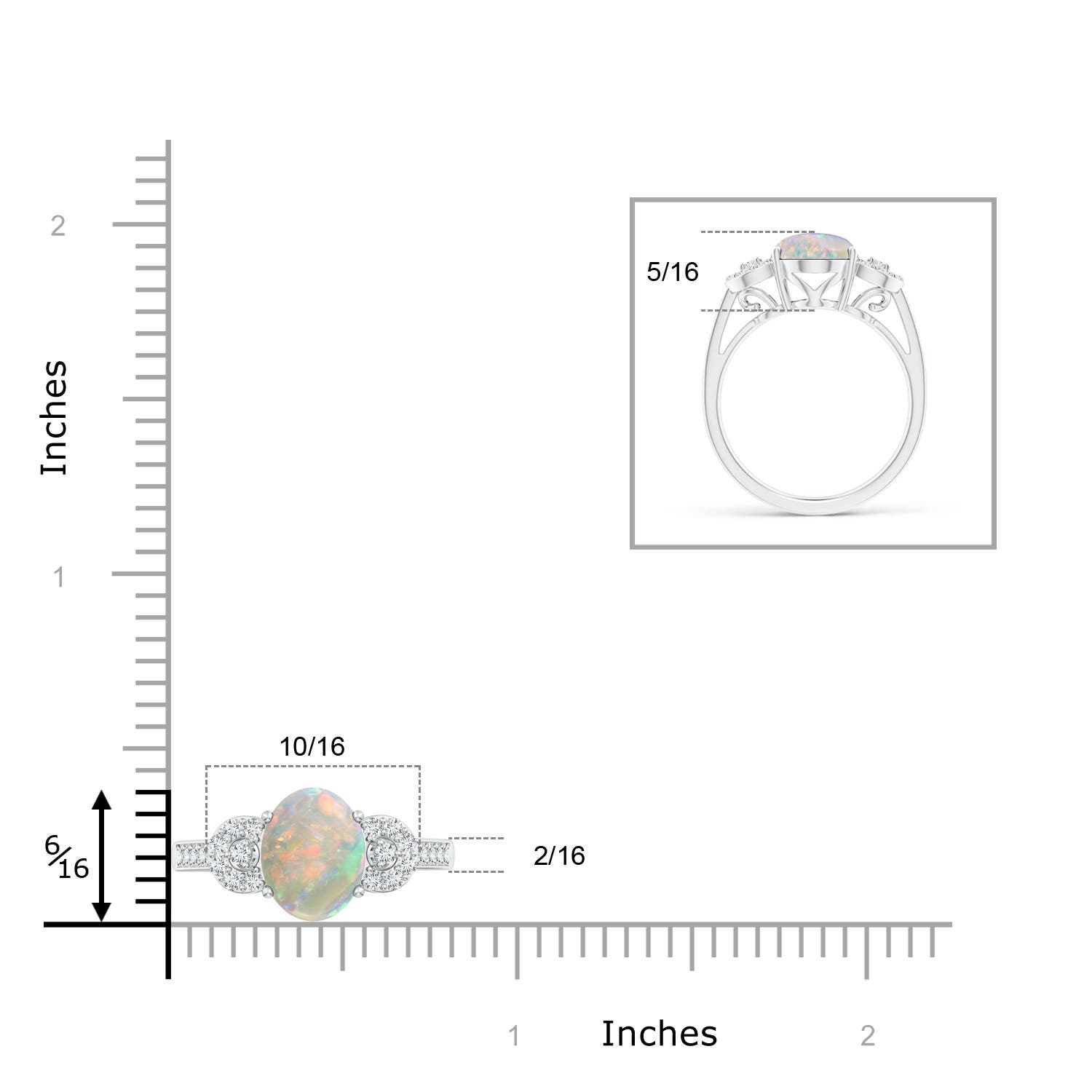 10x8mm AAAA Solitaire Oval Opal Cathedral Ring with Diamond Accents in White Gold - ruler