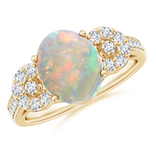 10x8mm AAAA Solitaire Oval Opal Cathedral Ring with Diamond Accents in Yellow Gold