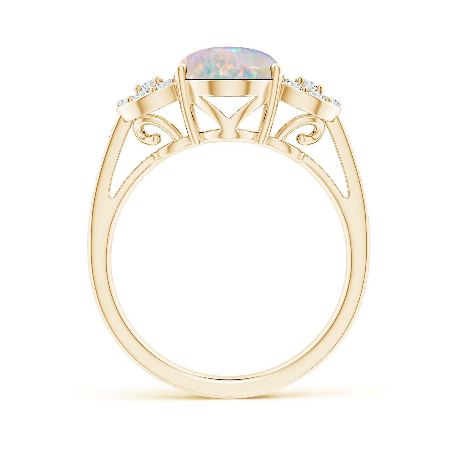 10x8mm AAAA Solitaire Oval Opal Cathedral Ring with Diamond Accents in Yellow Gold