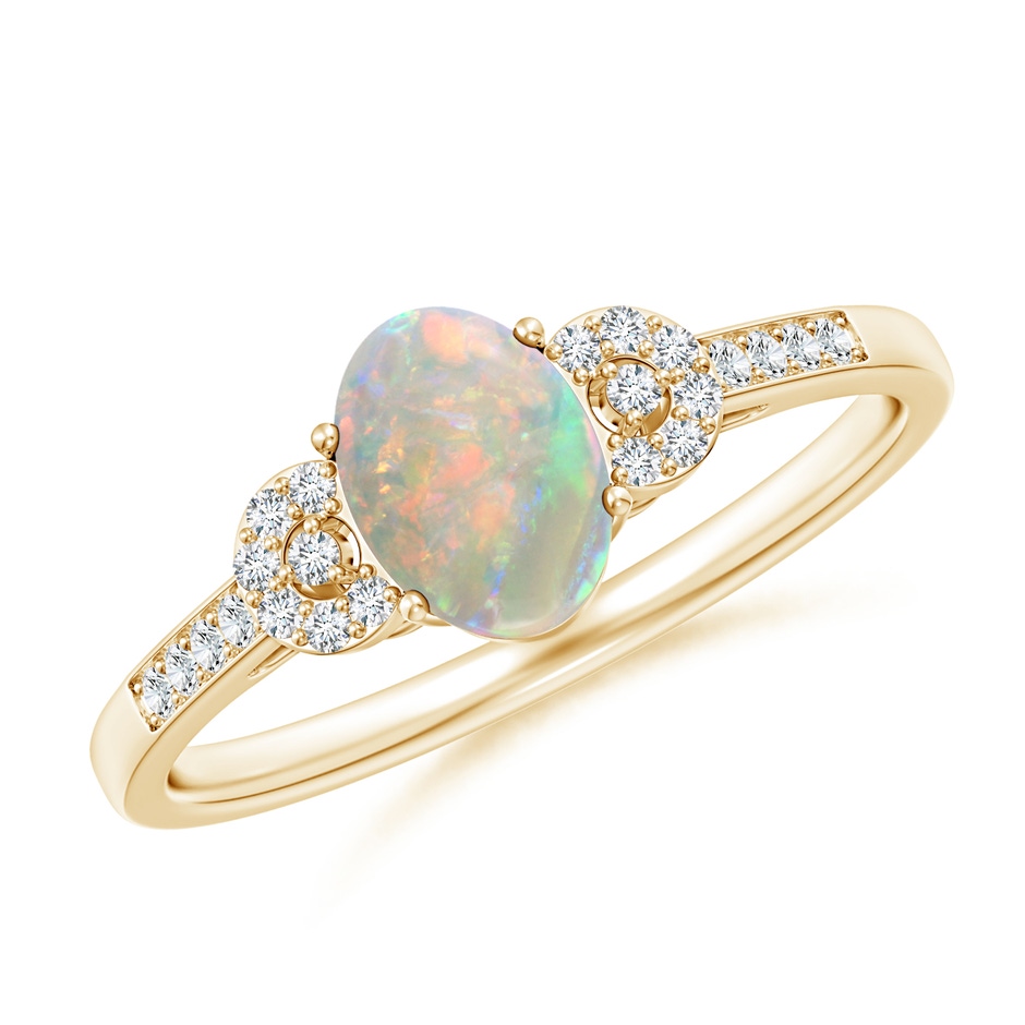7x5mm AAAA Solitaire Oval Opal Cathedral Ring with Diamond Accents in Yellow Gold 