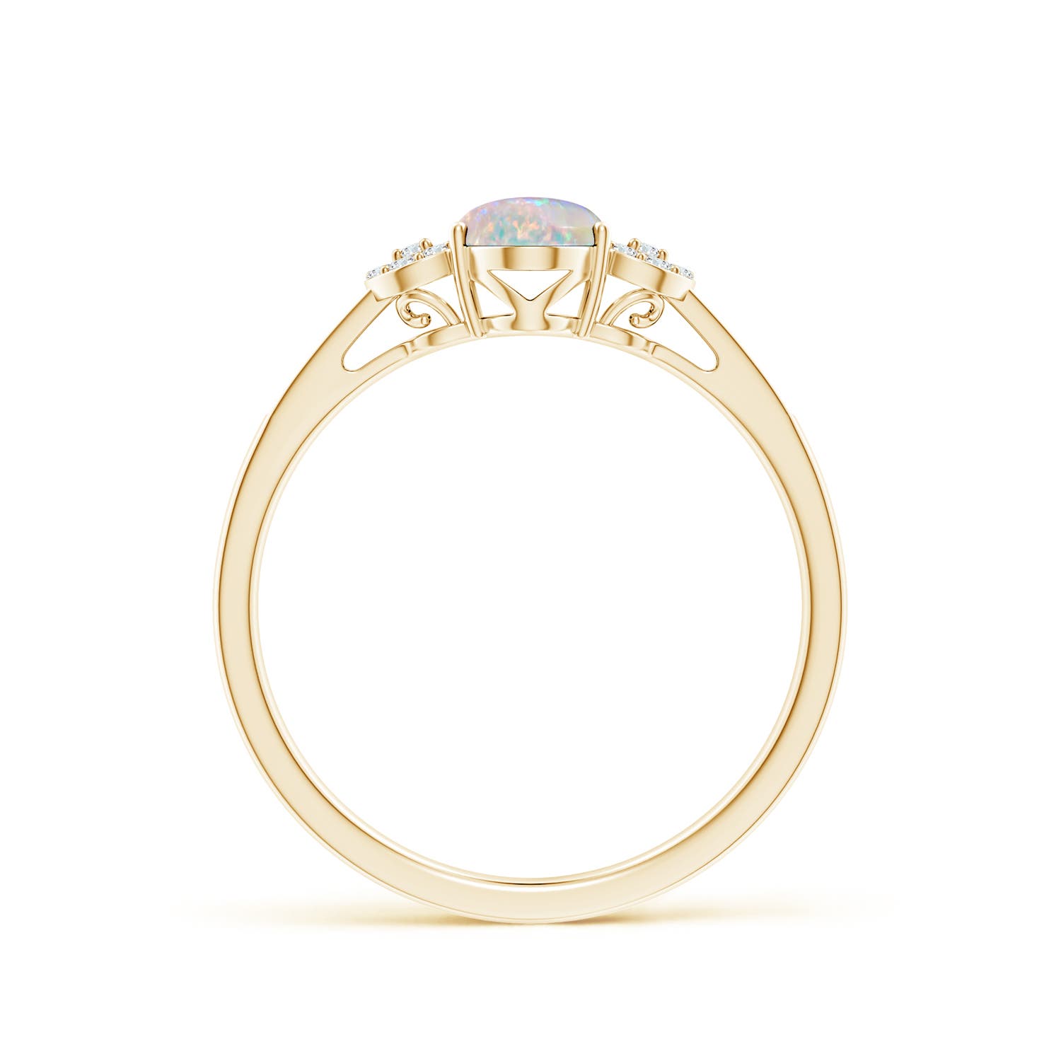 7x5mm AAAA Solitaire Oval Opal Cathedral Ring with Diamond Accents in Yellow Gold