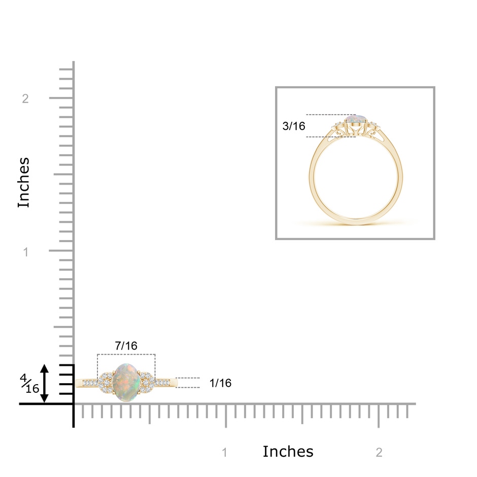 7x5mm AAAA Solitaire Oval Opal Cathedral Ring with Diamond Accents in Yellow Gold ruler