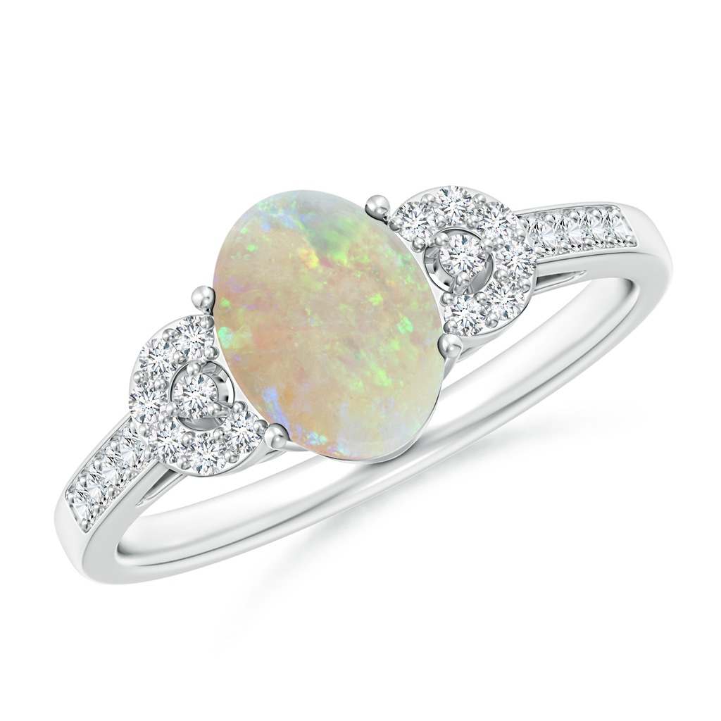 8x6mm AAA Solitaire Oval Opal Cathedral Ring with Diamond Accents in White Gold