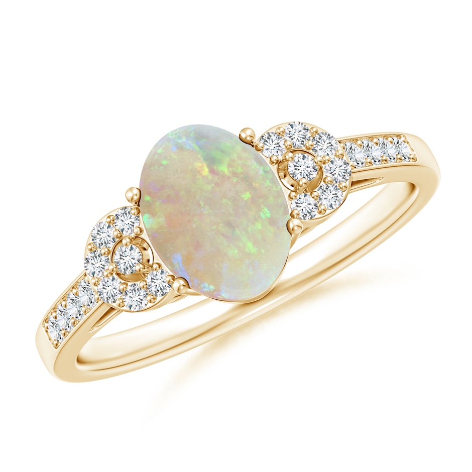 8x6mm AAA Solitaire Oval Opal Cathedral Ring with Diamond Accents in Yellow Gold 