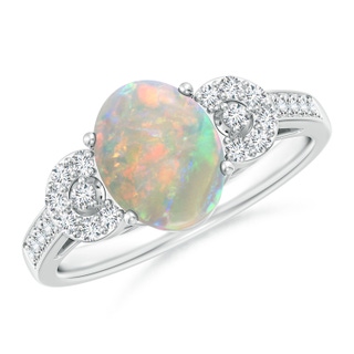 9x7mm AAAA Solitaire Oval Opal Cathedral Ring with Diamond Accents in White Gold