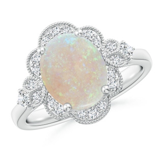 10x8mm AA Victorian Style Oval Opal and Diamond Halo Engagement Ring in 18K White Gold