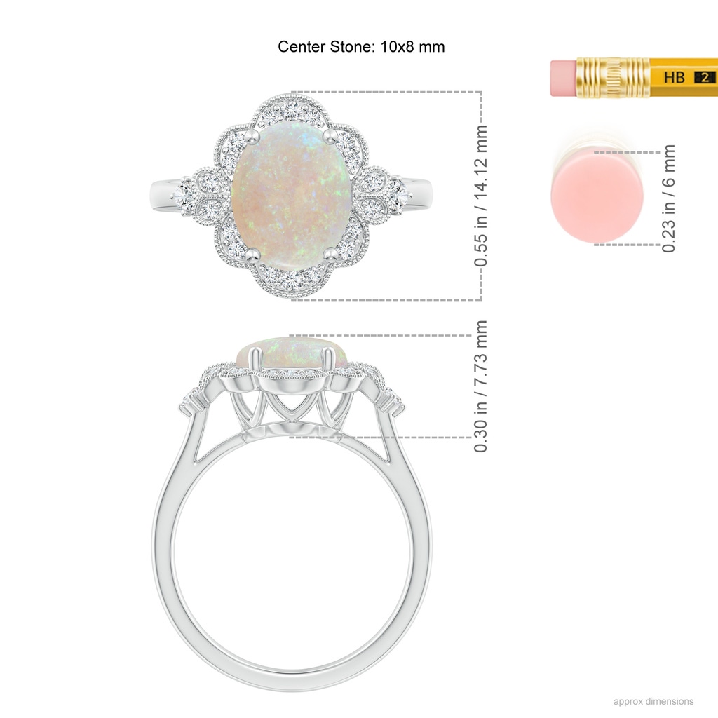 10x8mm AA Victorian Style Oval Opal and Diamond Halo Engagement Ring in 18K White Gold Ruler