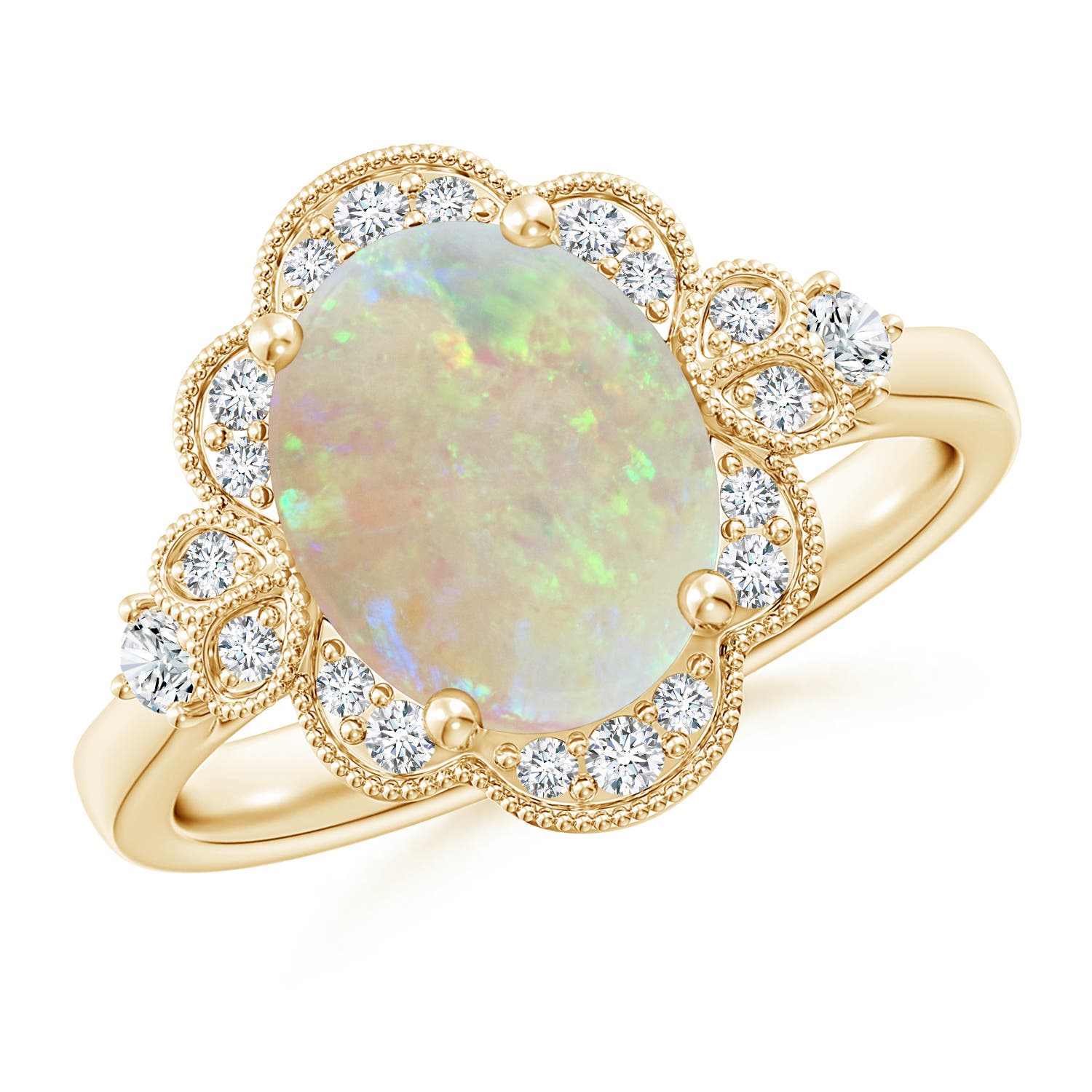 10x8mm AAA Victorian Style Oval Opal and Diamond Halo Engagement Ring in 18CT Yellow Gold