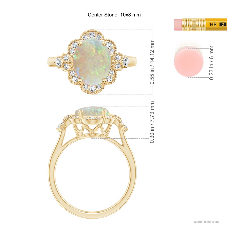 10x8mm AAA Victorian Style Oval Opal and Diamond Halo Engagement Ring in 18K Yellow Gold ruler