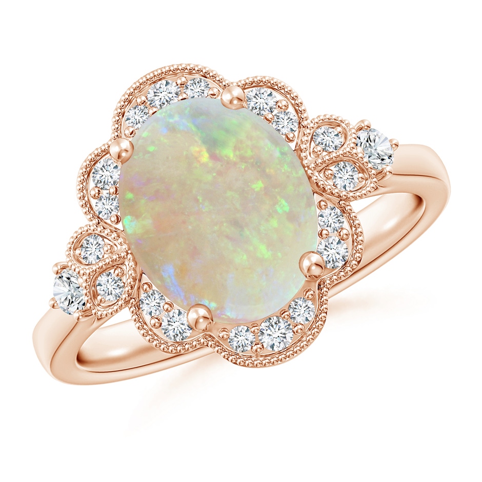 10x8mm AAA Victorian Style Oval Opal and Diamond Halo Engagement Ring in Rose Gold 