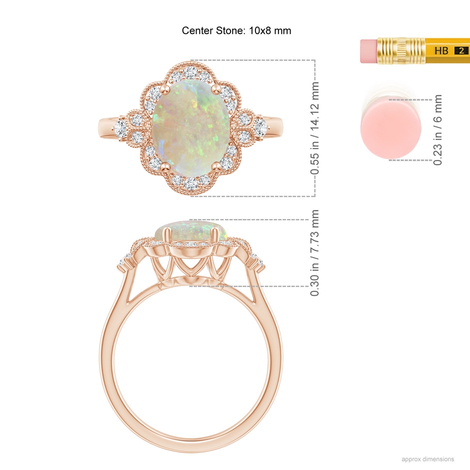 10x8mm AAA Victorian Style Oval Opal and Diamond Halo Engagement Ring in Rose Gold ruler