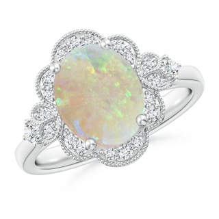 10x8mm AAA Victorian Style Oval Opal and Diamond Halo Engagement Ring in White Gold
