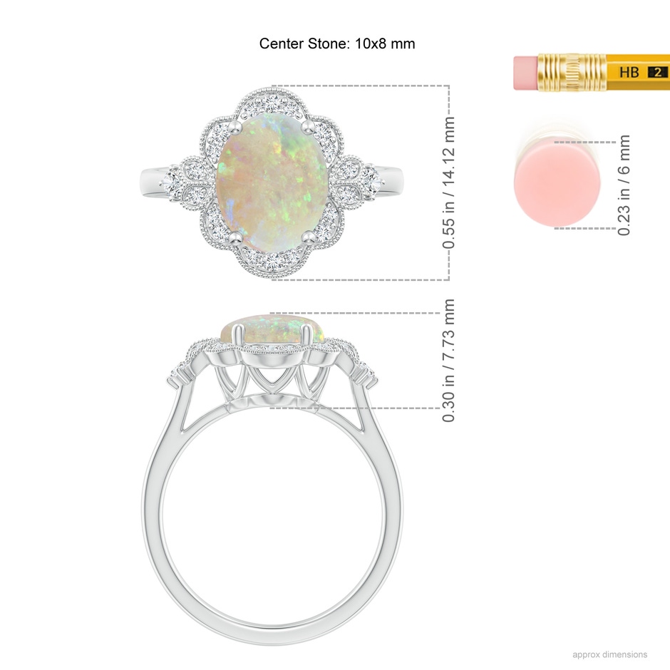 10x8mm AAA Victorian Style Oval Opal and Diamond Halo Engagement Ring in White Gold ruler