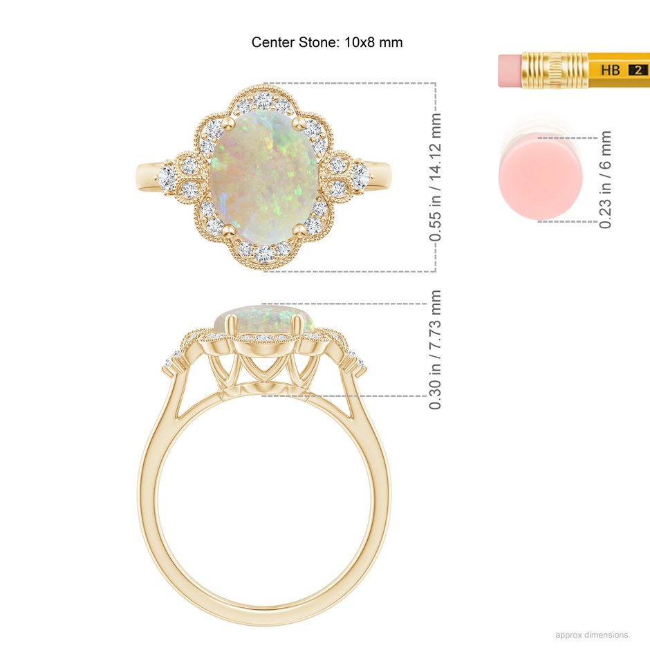 10x8mm AAA Victorian Style Oval Opal and Diamond Halo Engagement Ring in Yellow Gold ruler