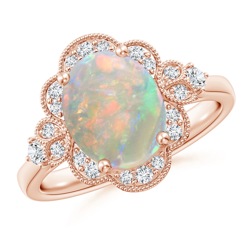 10x8mm AAAA Victorian Style Oval Opal and Diamond Halo Engagement Ring in 18K Rose Gold