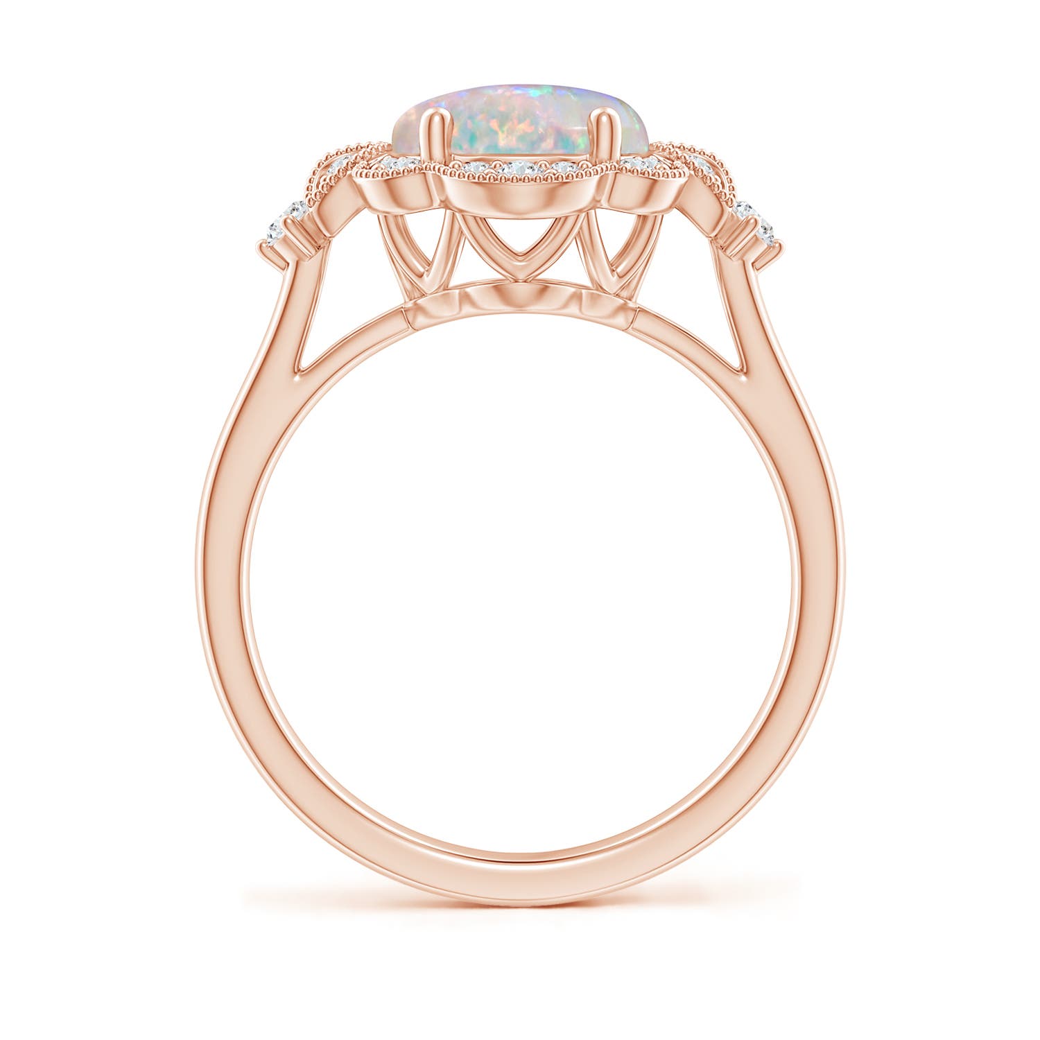 10x8mm AAAA Victorian Style Oval Opal and Diamond Halo Engagement Ring in 18K Rose Gold