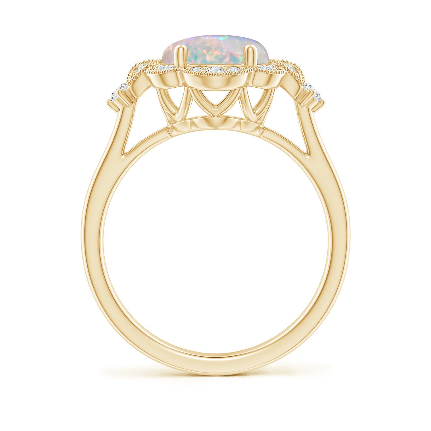 10x8mm AAAA Victorian Style Oval Opal and Diamond Halo Engagement Ring in 18K Yellow Gold