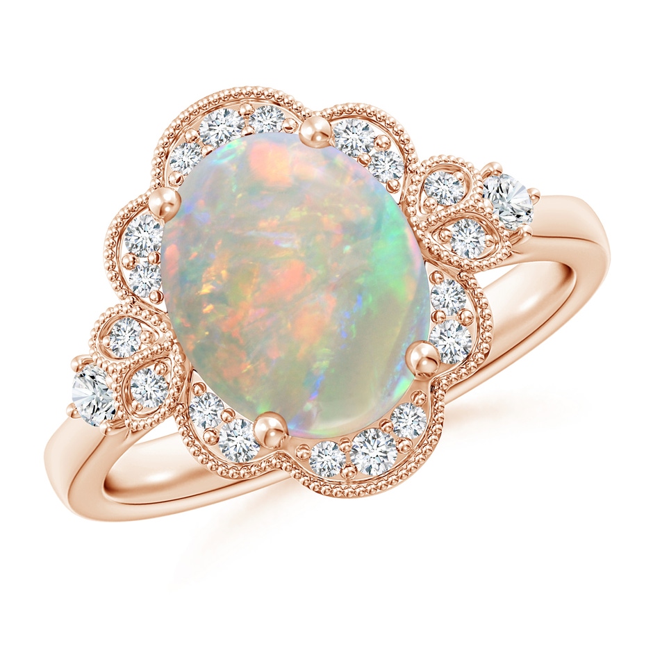 10x8mm AAAA Victorian Style Oval Opal and Diamond Halo Engagement Ring in Rose Gold 