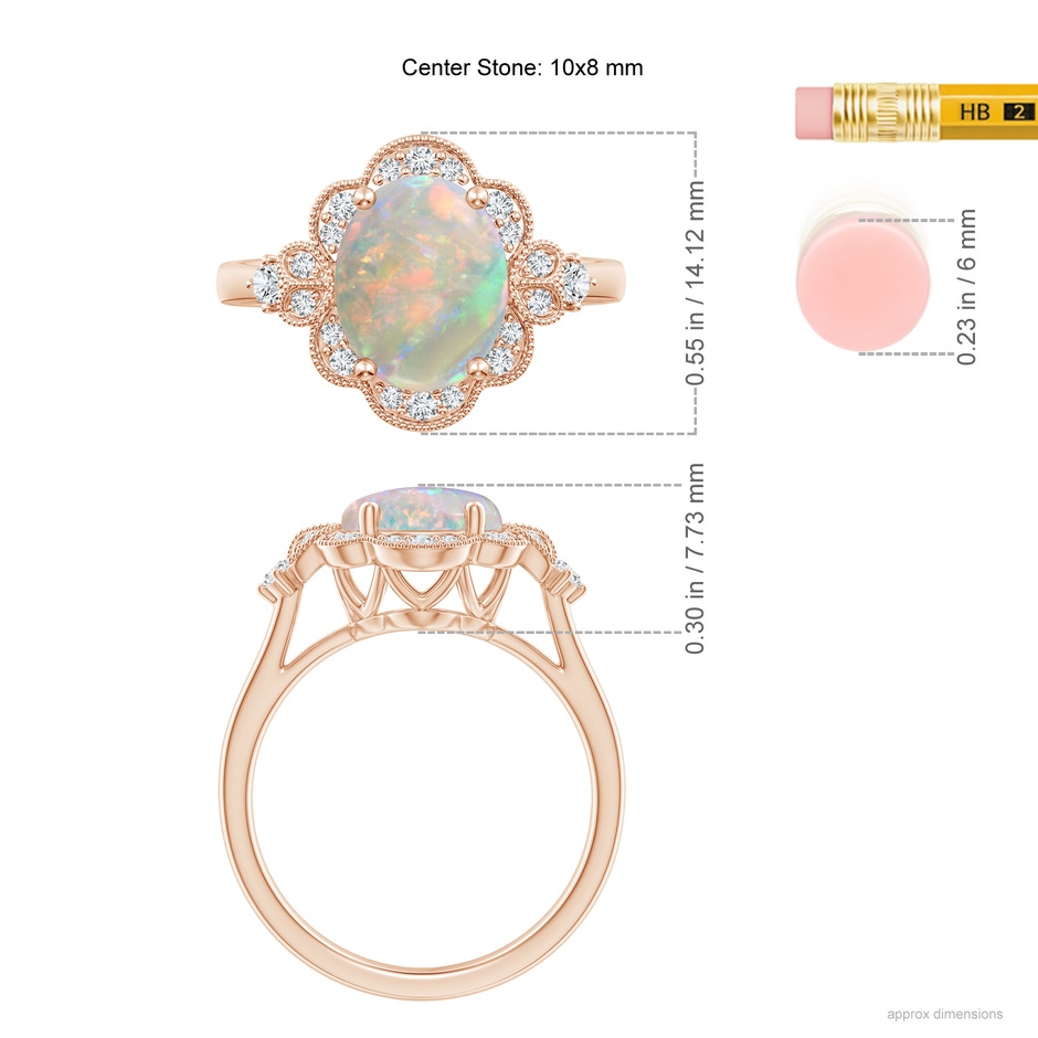 10x8mm AAAA Victorian Style Oval Opal and Diamond Halo Engagement Ring in Rose Gold ruler