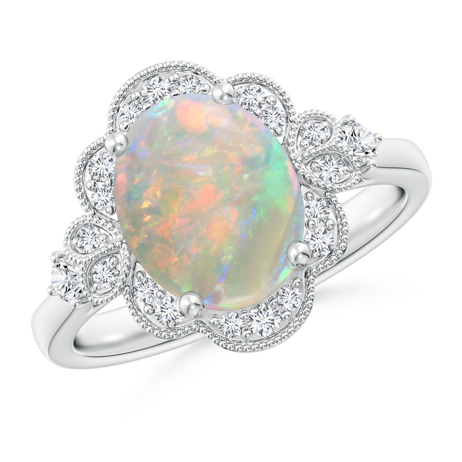 10x8mm AAAA Victorian Style Oval Opal and Diamond Halo Engagement Ring in White Gold 