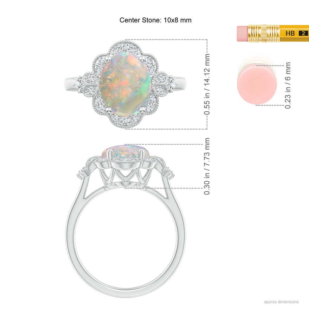 10x8mm AAAA Victorian Style Oval Opal and Diamond Halo Engagement Ring in White Gold Ruler