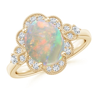 10x8mm AAAA Victorian Style Oval Opal and Diamond Halo Engagement Ring in Yellow Gold