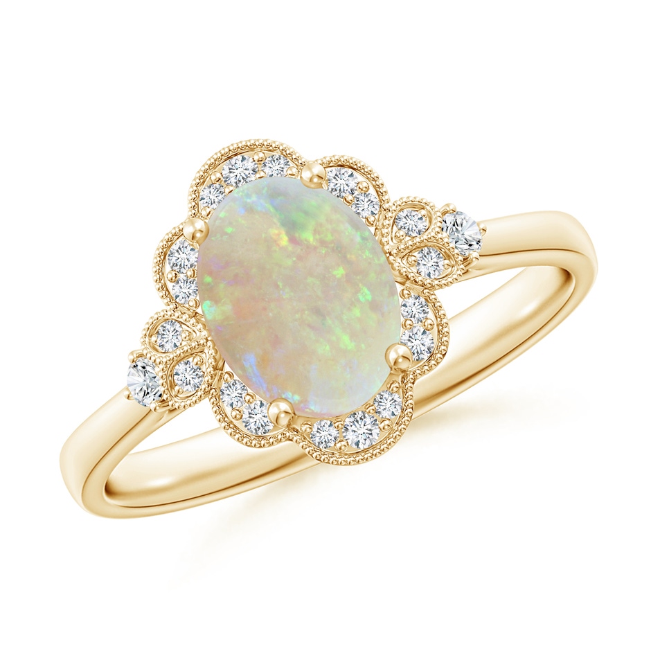 8x6mm AAA Victorian Style Oval Opal and Diamond Halo Engagement Ring in 18K Yellow Gold 
