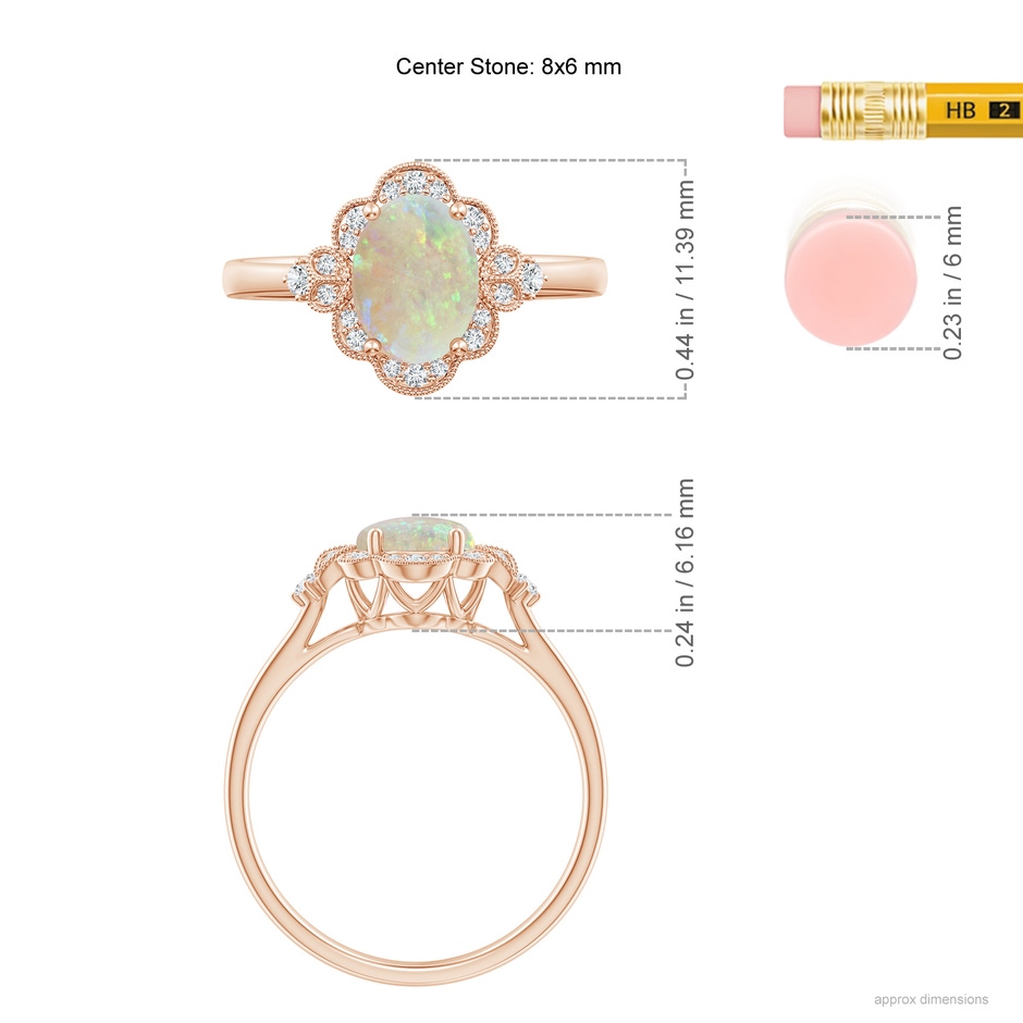 8x6mm AAA Victorian Style Oval Opal and Diamond Halo Engagement Ring in Rose Gold ruler