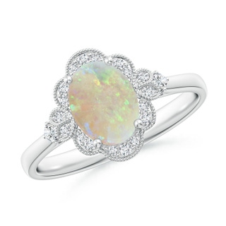 8x6mm AAA Victorian Style Oval Opal and Diamond Halo Engagement Ring in S999 Silver