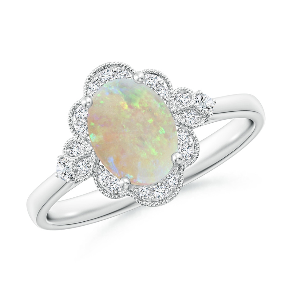 8x6mm AAA Victorian Style Oval Opal and Diamond Halo Engagement Ring in S999 Silver 