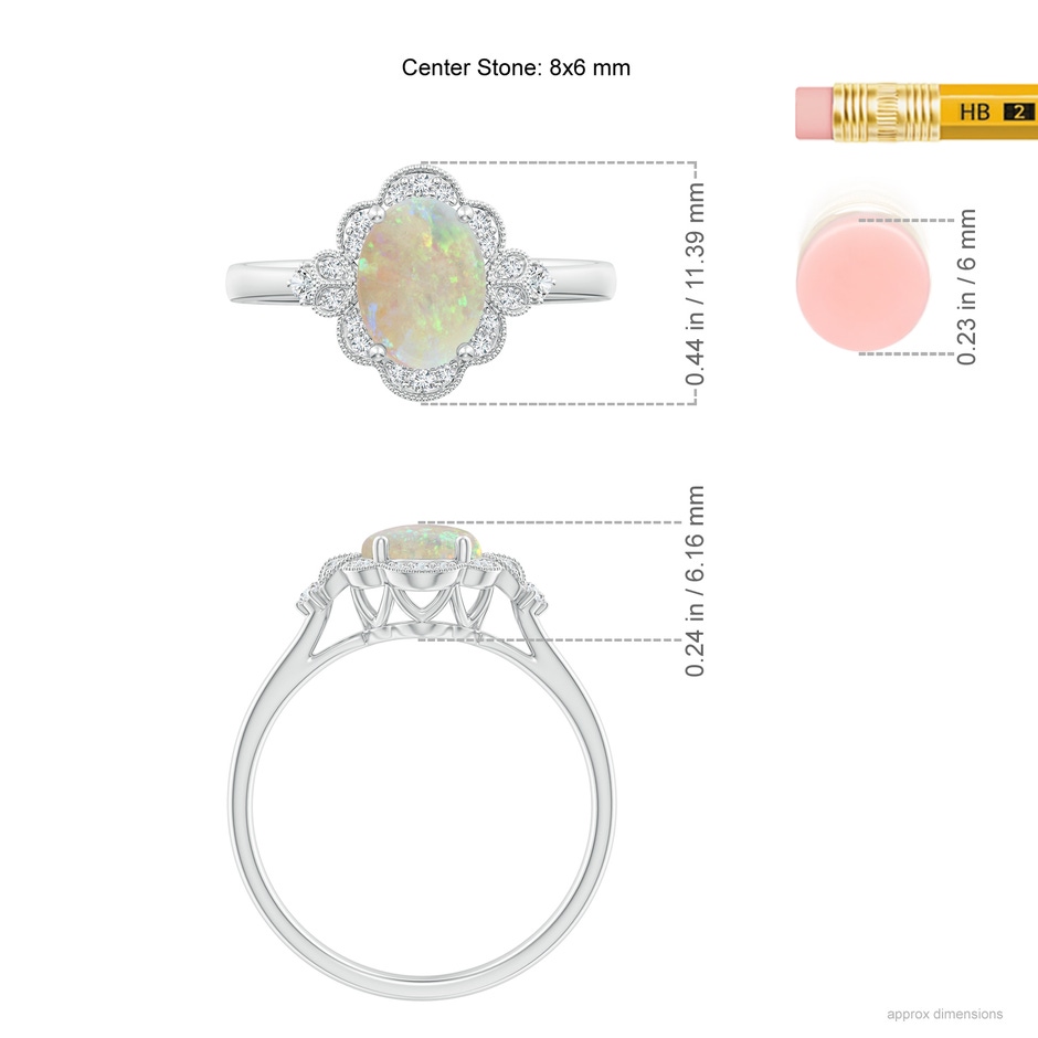 8x6mm AAA Victorian Style Oval Opal and Diamond Halo Engagement Ring in S999 Silver ruler