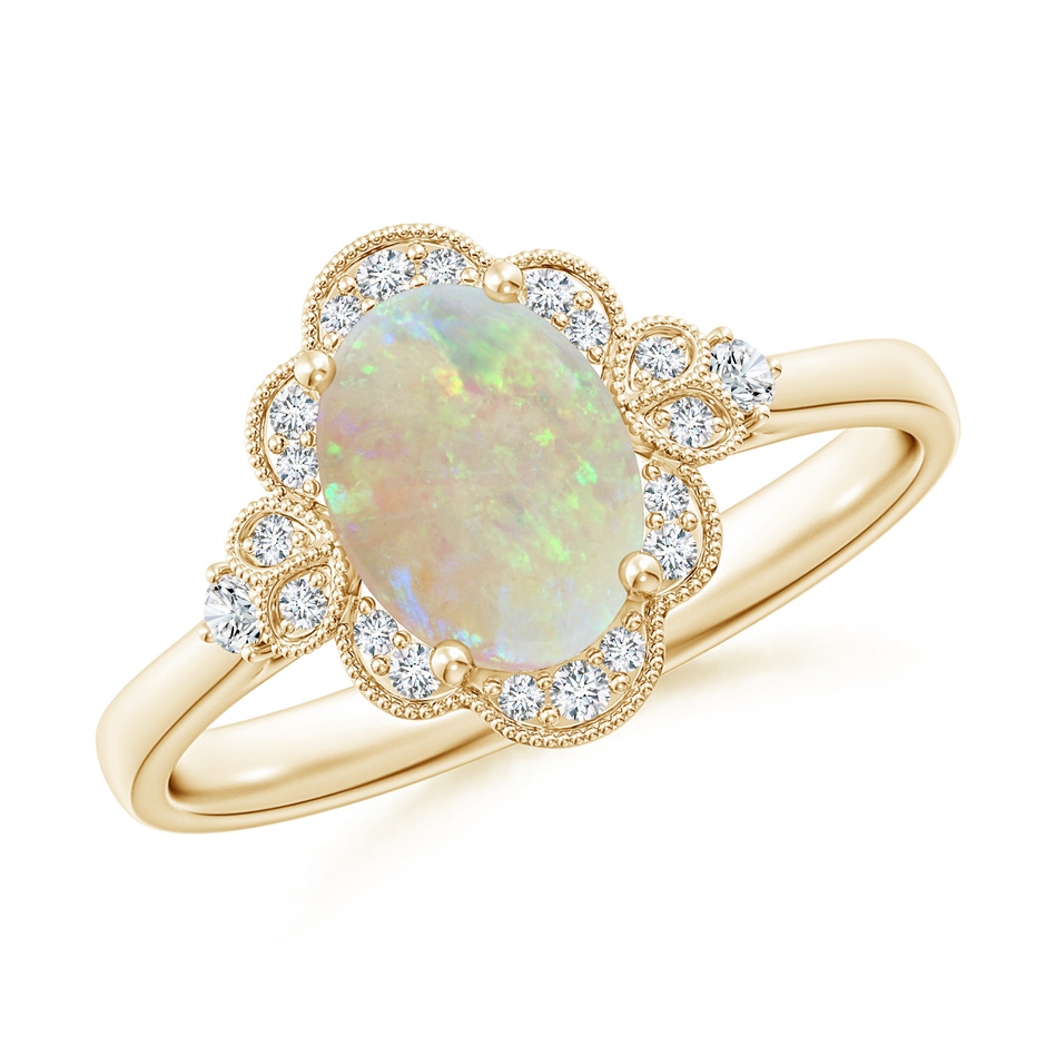 8x6mm AAA Victorian Style Oval Opal and Diamond Halo Engagement Ring in Yellow Gold 